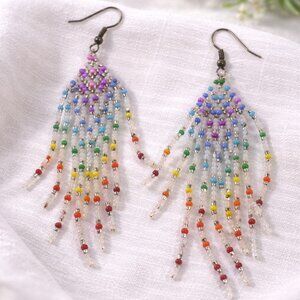 Hand Beaded Rainbow Fringe Earrings Colorful Boho Dangle Statement Earrings